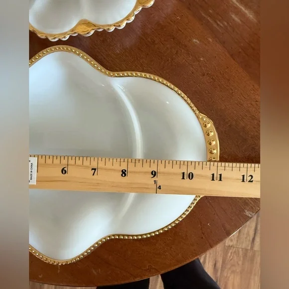 Lot of 2 Anchor Hocking Fire King Milk Glass Deviled Egg Gold Trim + Relish Tray - Picture 7 of 9